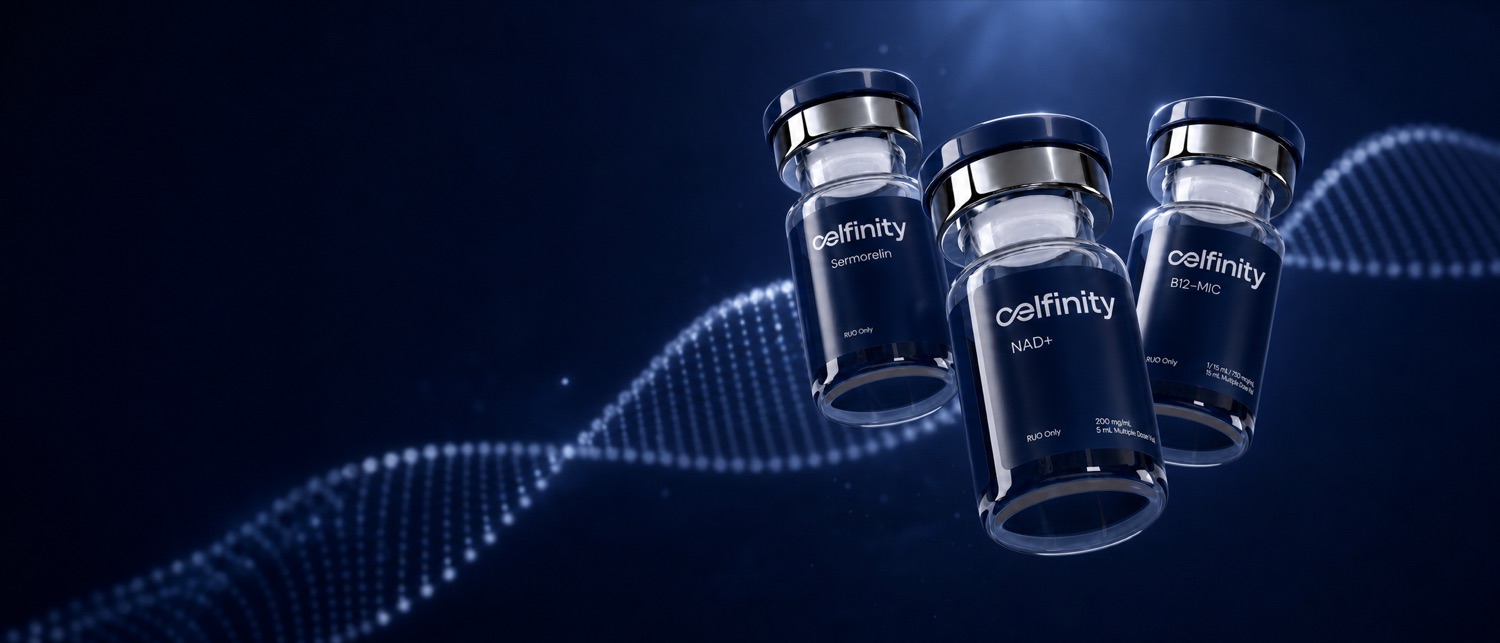 Celfinity research peptide vials with DNA helix